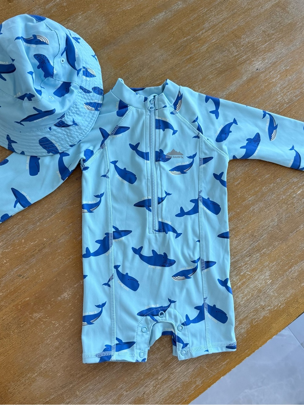 Eddie Bauer Light Blue Kids Rashguard Swimsuit with Navy Whale Print and Hat